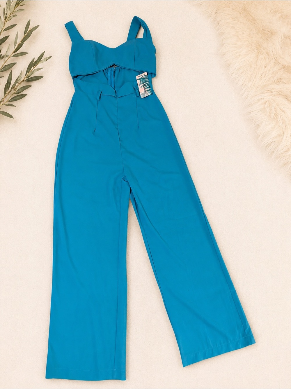 Blue Wide-Leg Jumpsuit - Stretch Bodice